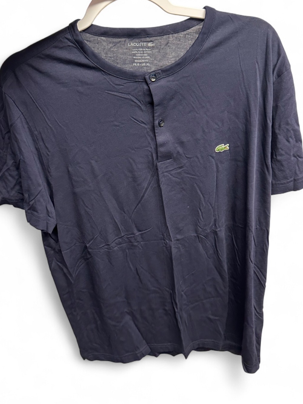 Lacoste Navy Short-Sleeve Henley with Green Crocodile Logo